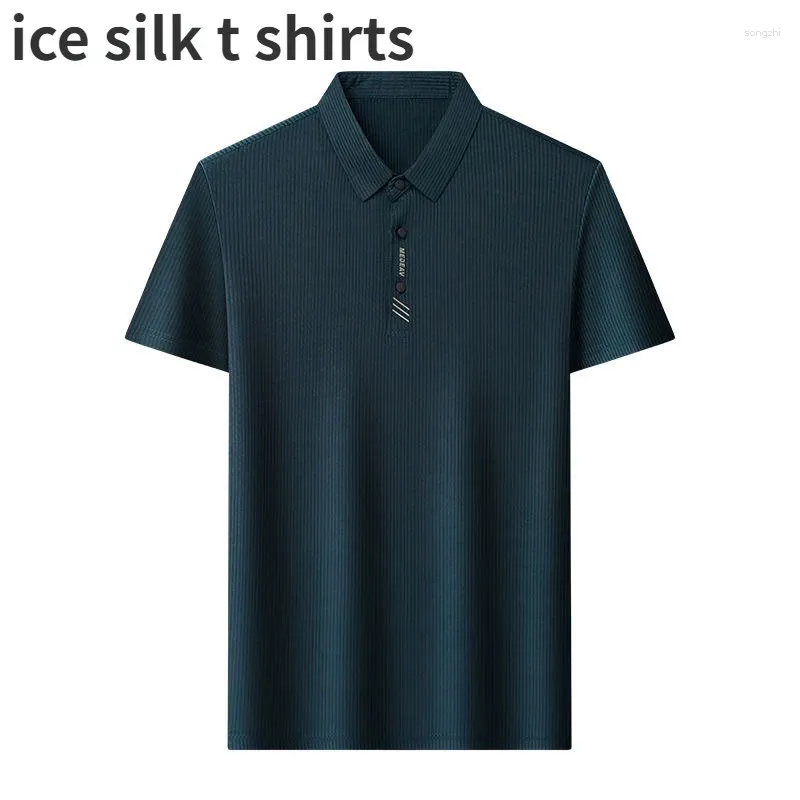 Herr t -skjortor sommar andningsbara män avvisar krage casual polo kort ärmknapp is silk lös toppar 2024