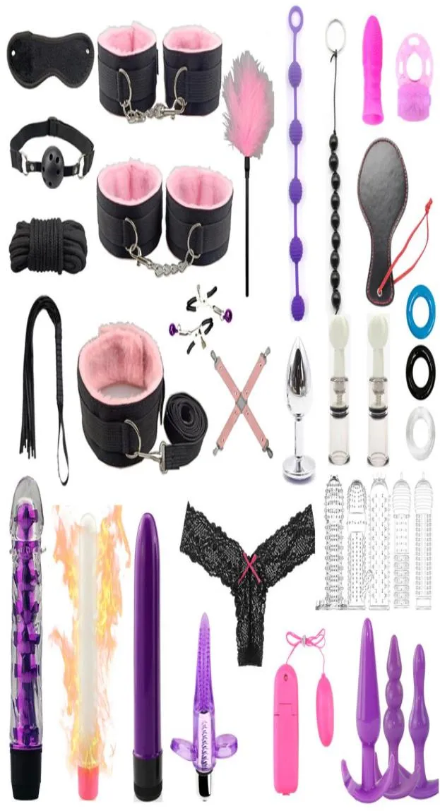 35 PCSSet Sex Products Sex Toys для женщин мужчина BDSM половые рабства наборы наручников Whip Anal Plug Dildo Toys для взрослых Y200427923385