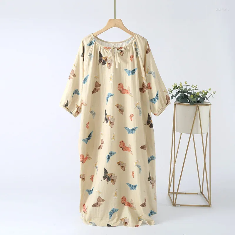 Abbigliamento per il sonno femminile 2024 Guochi di cotone Nightdress Butterfly Summer Ladies Abiti da casa Long Shup Abito da notte sciolto Donne Donno dormire