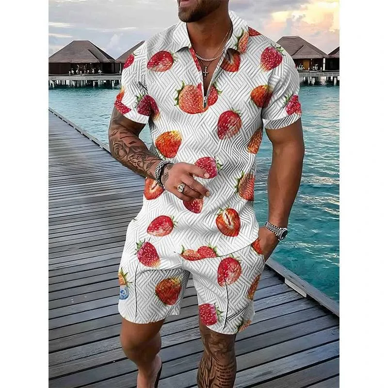 Parcours masculin Tracks Fruit Tracksuit Ananas Pawpaw 3D Print Short Slve Zipper Polo Shorts Sets 2 pièces Strtwear Strtwear Sett T240507