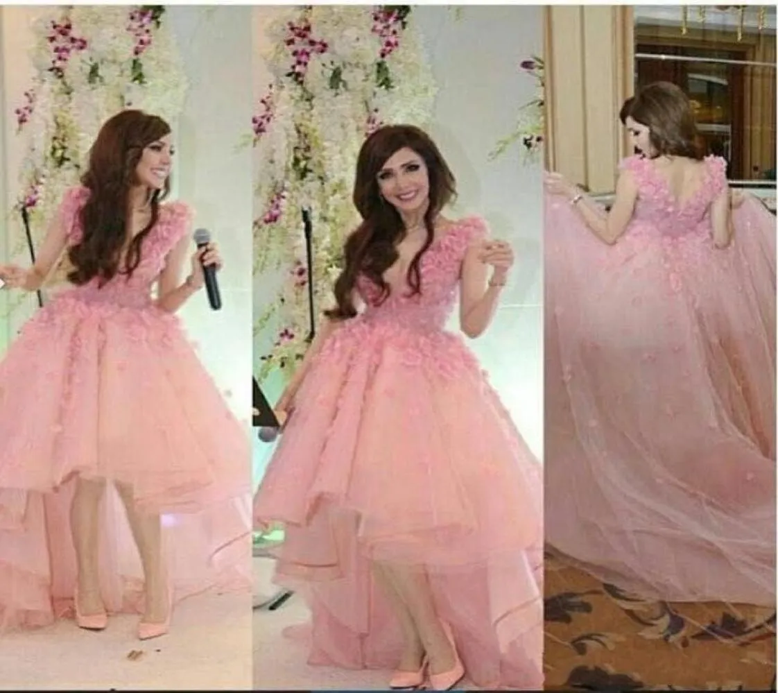 Robe de bal basse haute rose courte courte longue arrière en tulle fleurs v coule arabe célébrité du tapis rouge fête des robes de soirée7707268