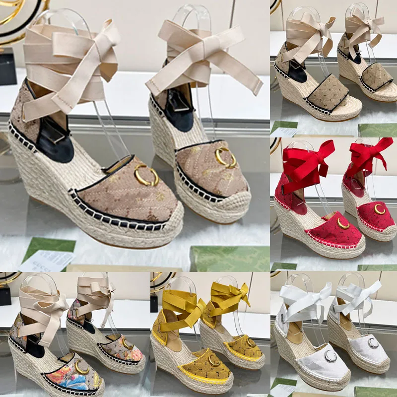 Kil espadrille sandaler kvinnor pump designer klackar sommar strandskor hampa rep vävda ensam plattformskor duk bow fiskare skor lyxiga baotou sandal