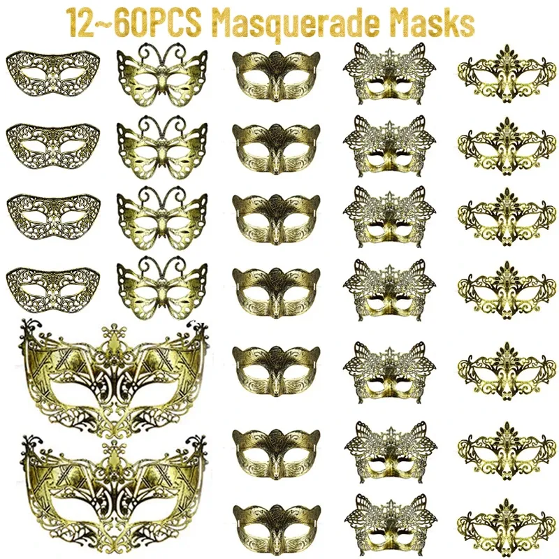 Maski 12 ~ 60PCS Maski Maski Vintage Antique Maski z paskami dla kobiet mężczyzn Mardi Gras Wedding Cosplay Cosplay Party Favors