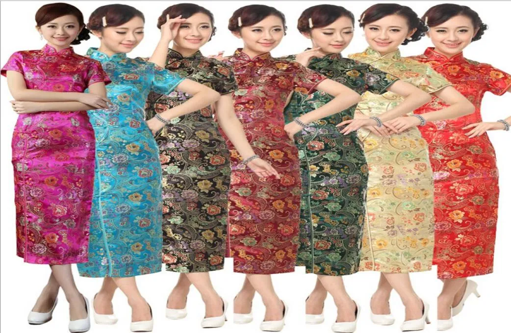Fashion Gold Chinese Women039s Satin Cheongsam Long Qipao Robe Flower S M L XL XXL XXXL4067714