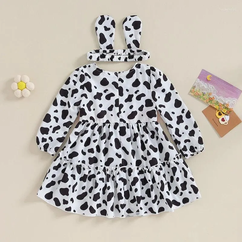 Girl Dresses Kids Girls Fall Outfit Long Sleeve Crew Neck Spots Print Patchwork A-line Dress With Headband 2-piece