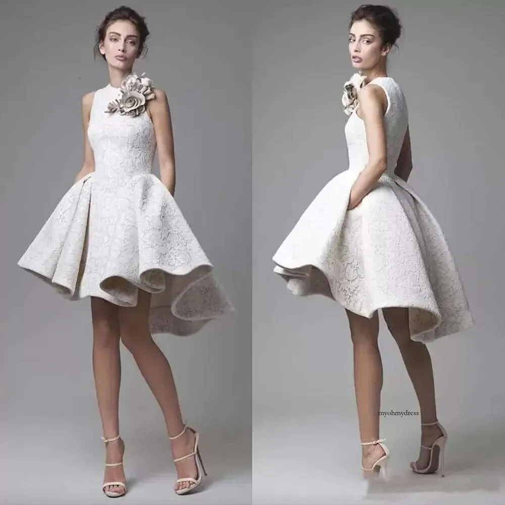 High Low Prom Dresses Jewel Neck Sleeveless Krikor Jabotian Evening Gowns A Line Cheap Short Lace Homecoming Dress With Flowers 0509