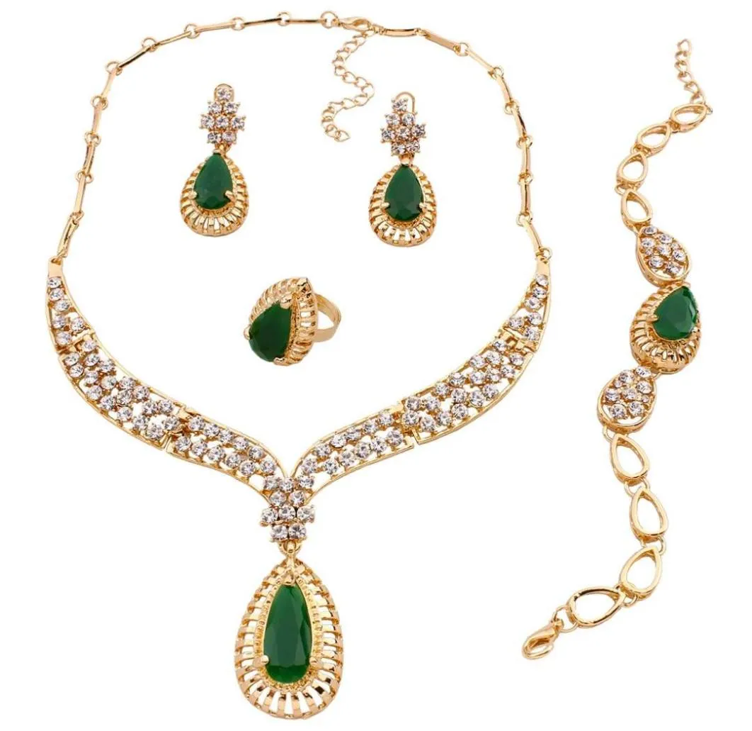 مجموعات مجوهرات الزفاف الأحجار الكريمة الخضراء سوار قلادة الكريستال الماس حلقة 8K الذهب مطلي 2683868