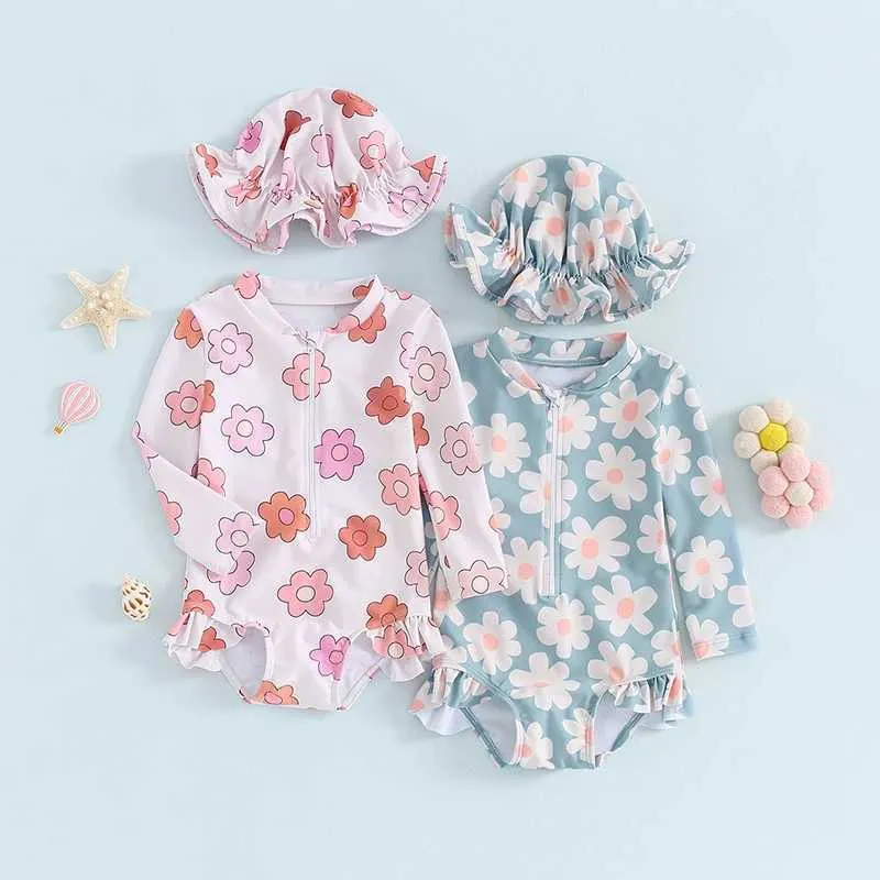 Baby Girl's Floral Long-Sleeve Swimsuit Rash Guard with Hat - One-Piece ...