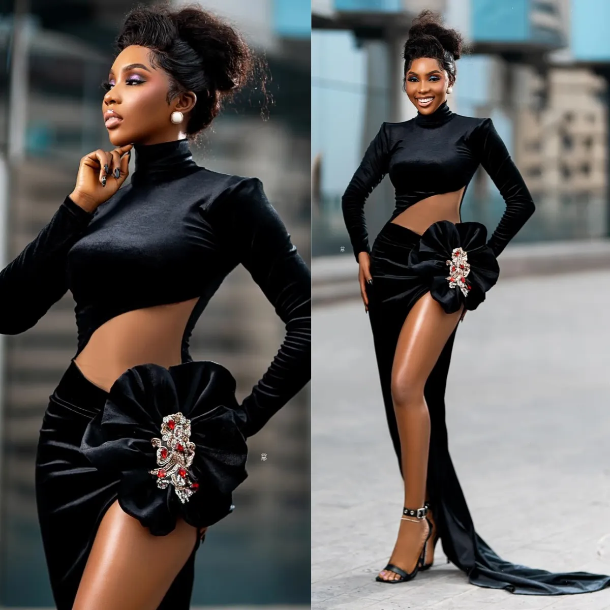 DHgate Elegant Black Velvet Evening Dress with Illusion Long Sleeves and Side Split Wedding Party Events