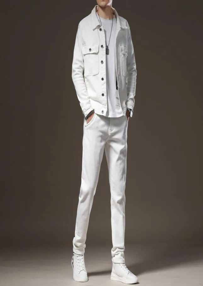 Faixas brancas simples de tracksiness casual 2pcs Men039S conjuntos de calça de calça de manga longa da primavera e jeans moda Slim Casal J4692739