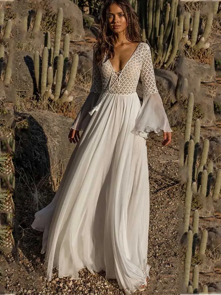 Basic Casual Kleider Fithohinling Rückenless Spitze Langes Partykleid Frauen kommen 2024 V Hals Sexy Maxi Kleider Tanz tragen Flare Slve Weiße Pareos Verkauf T240508