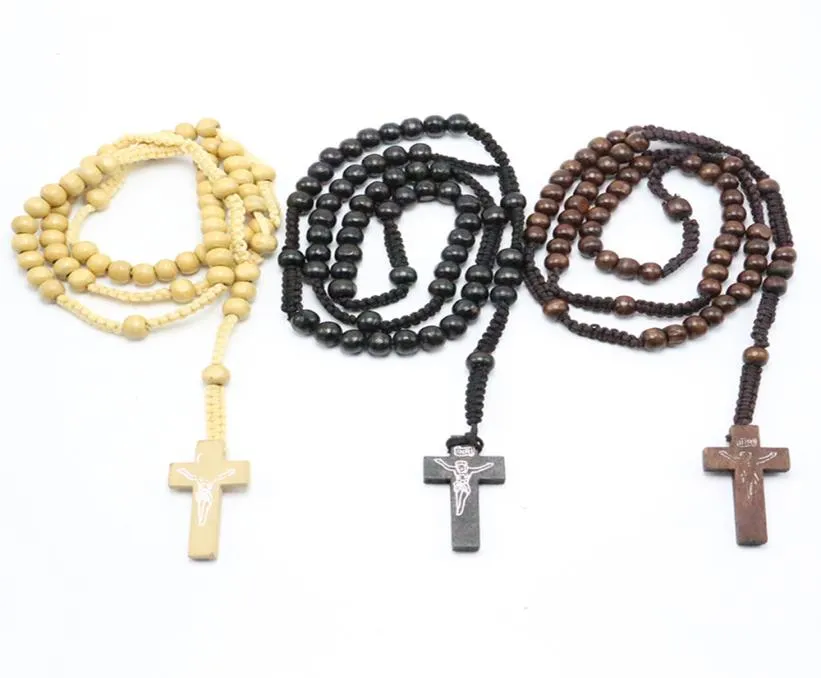 Whole1pc Mężczyźni Kobiety Nowy mody katolicki Chrystus Wooden 8 mm Rosary Cross Cross Cross Wisiant Weven Rope Naszyjnik7572079