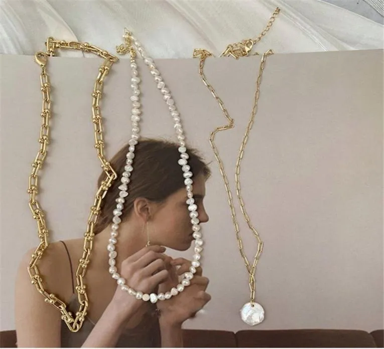 Franska vintage oregelbundna halsband sötvatten pärlguldpläterad chunky länkkedja skiktad för kvinnliga damer pärlhalsband 489 B32944757