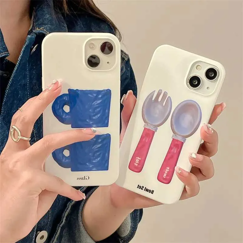 Cell Phone Cases Cute Cartoon Tableware Couple Phone Case For iPhone 11 13 14 Pro Max 12 Mini XR XS 7 8 Plus Retro Lovely Shockproof Case Cover J240509