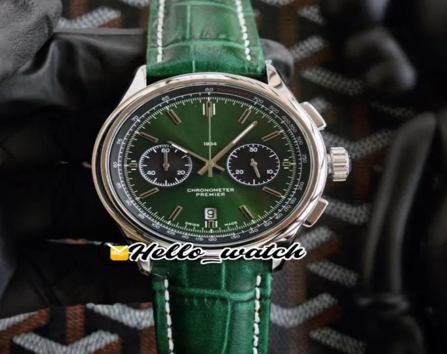Nieuwe premier B01 Steel Case AB0118A11L1X1 VK Quartz Chronograph Mens Watch Stopwatch Green Dial Green Leather Riem horloges hellow9899640
