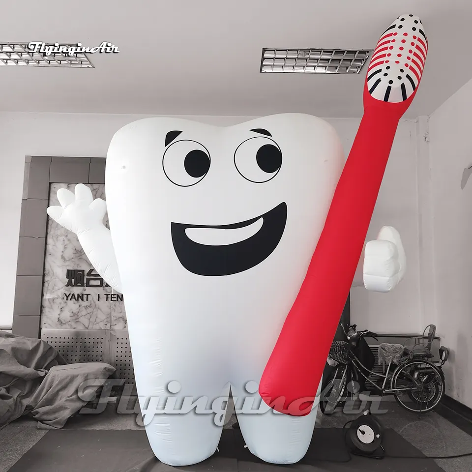 Publicidade ao ar livre Balão de dente de desenhos animados de 6m de altura Branco Brown Modelo Dental Homem com uma escova de dentes para desfile show