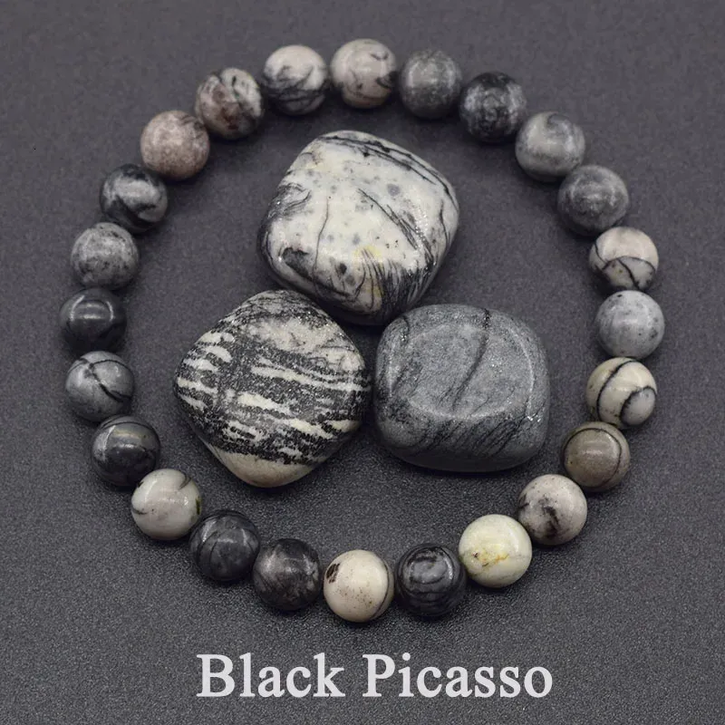 Geniune Natural Stone Beasret Bracelet для мужчин ретро -настоящая черная полоса пикассо в бисера