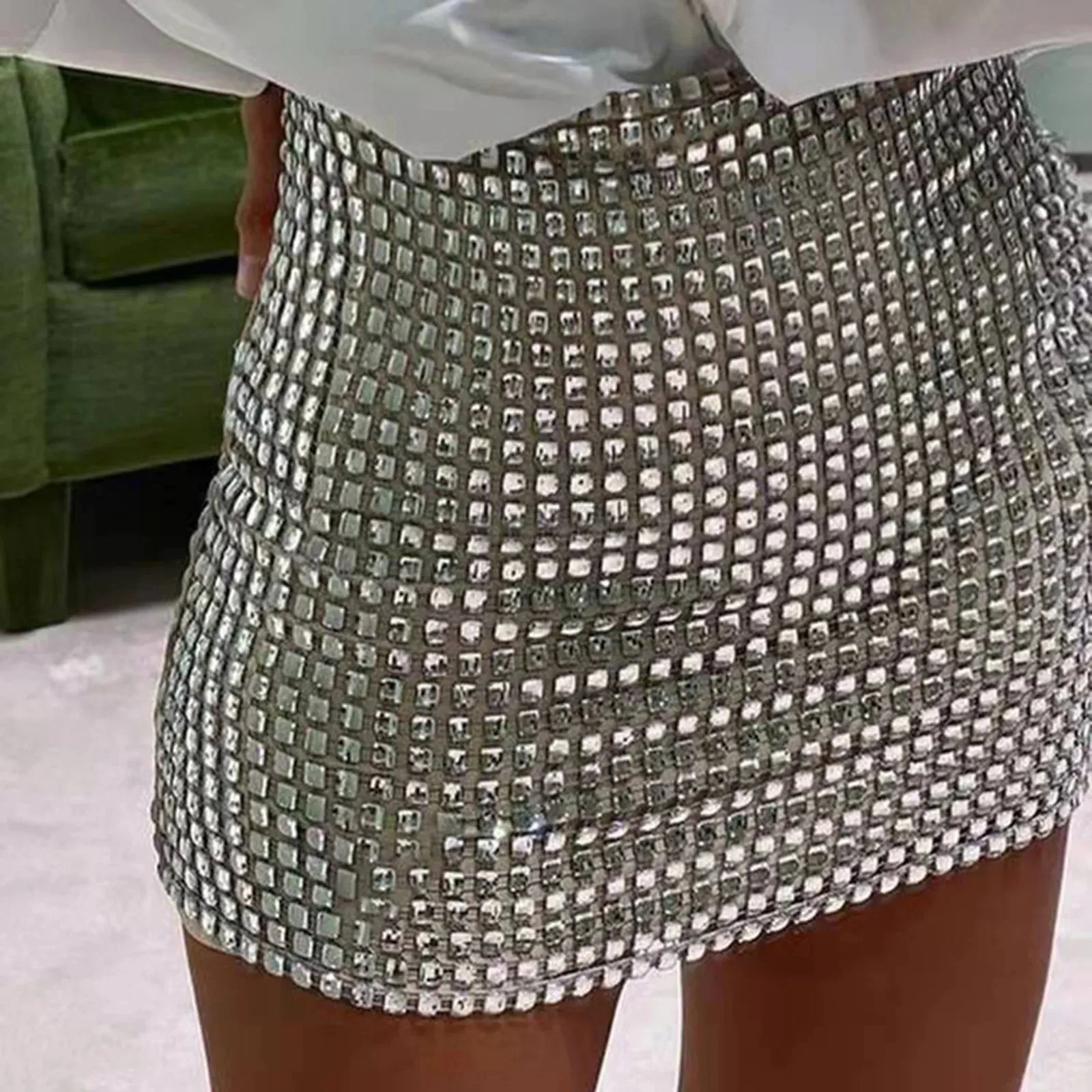 Модная алмазная пэчворк узкая упаковка мини -юбки летняя сексуальная сексуальная ливер для блеска ночной клуб.