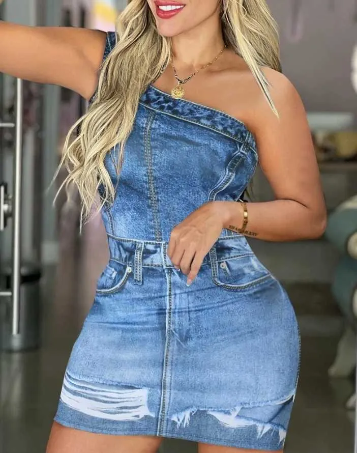 Robes décontractées de base Robe en deux pièces Vêtements pour femmes personnalisées 2024 Nouvelle apparence en denim Imprimé Single Boder Body Robe Sexy Sexy Short Denim Dr