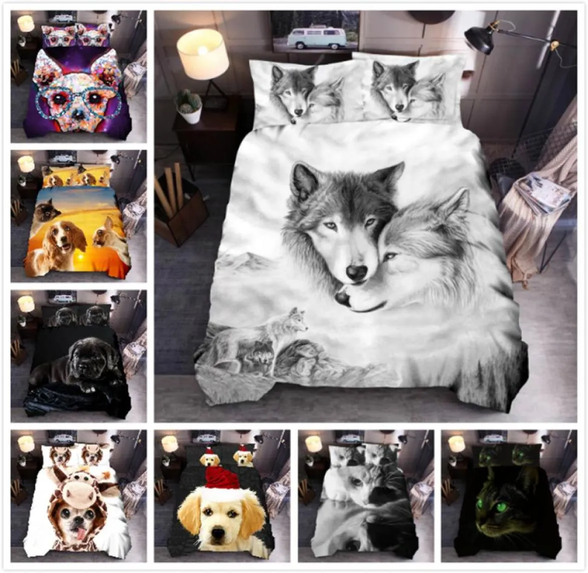 Lovinsunshine 3d Wolf Liberdding Set King Size Dog Cat Cat Imprimée couette Cover Set Queen Couperceur Cover Cover VC01 C10183875473