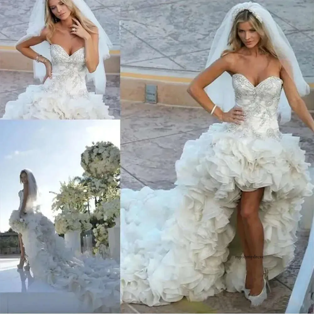 Sexy Mini Ball Prom High Low Dress Sweetheart Tiers Ruffles Pleat Sweep Tail Long Bridal Gown Custom Made Plus Size 0509