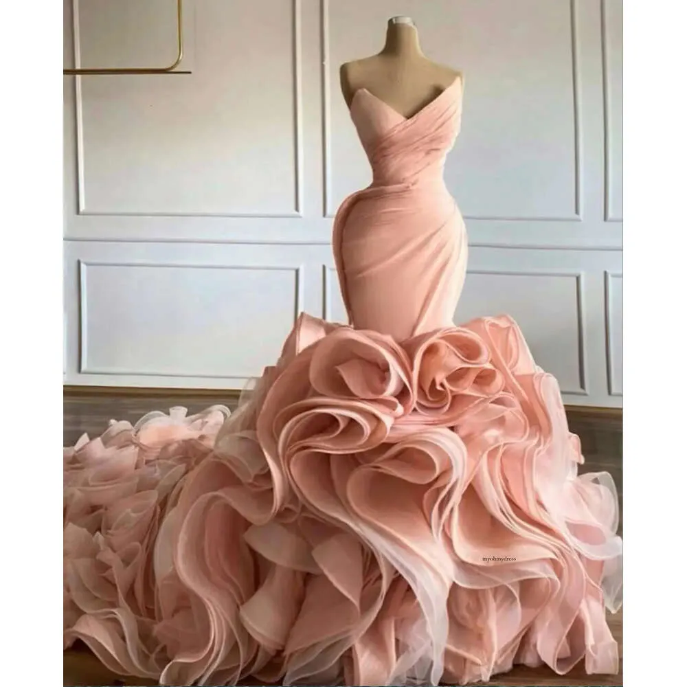 Blush Pink Mermaid Dresses Ruffles v Neck Clipevelss Plats Ruched Custom Made Chapel Bridal Vestido de Novia 0509