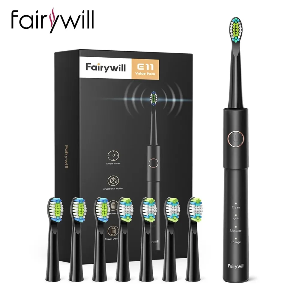 Fairywill Sonic Electric Toothbrush E11 Impermeável carregamento de dentes de dentes elétricos 8 Substituição de escova com cabeça humana 240507
