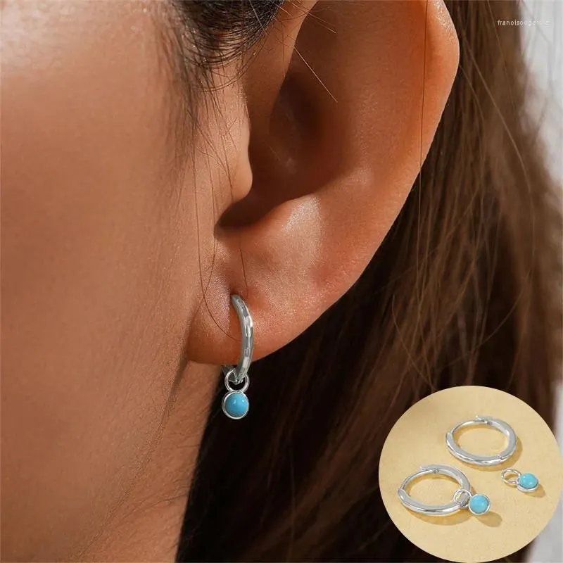 Hoop Earrings 925 Sterling Silver Turquoise Geometric For Women Girl Simple Round Design Jewelry Party Gift Drop