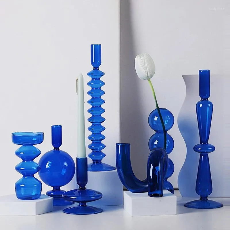 Candele per case Forniture per la casa arredi decorativi moderni in vetro blu candelasticcia trasparente idroponica decorazione del desktop artigianato