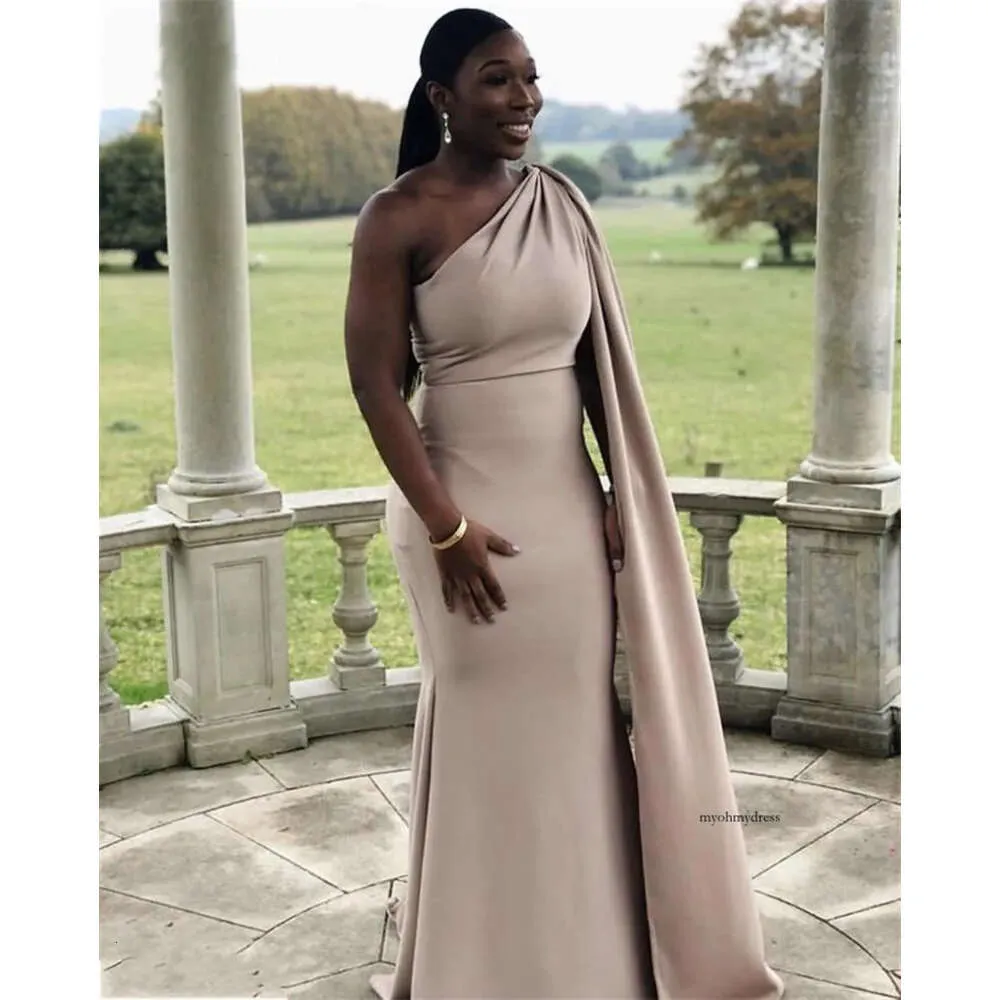 one shoulder champagne bridesmaid dress Champagne Nude Mermaid great gatsby bridesmaid dresses with Cape
