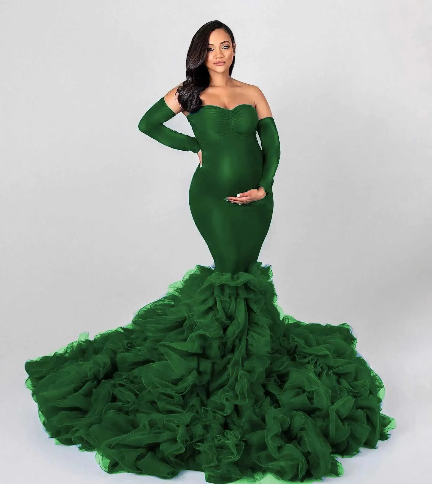 knee length dresses for ladies Lace Mermaid Maternity Photography Dresses V Neck Long Sleeve 2021 S / White main image 1