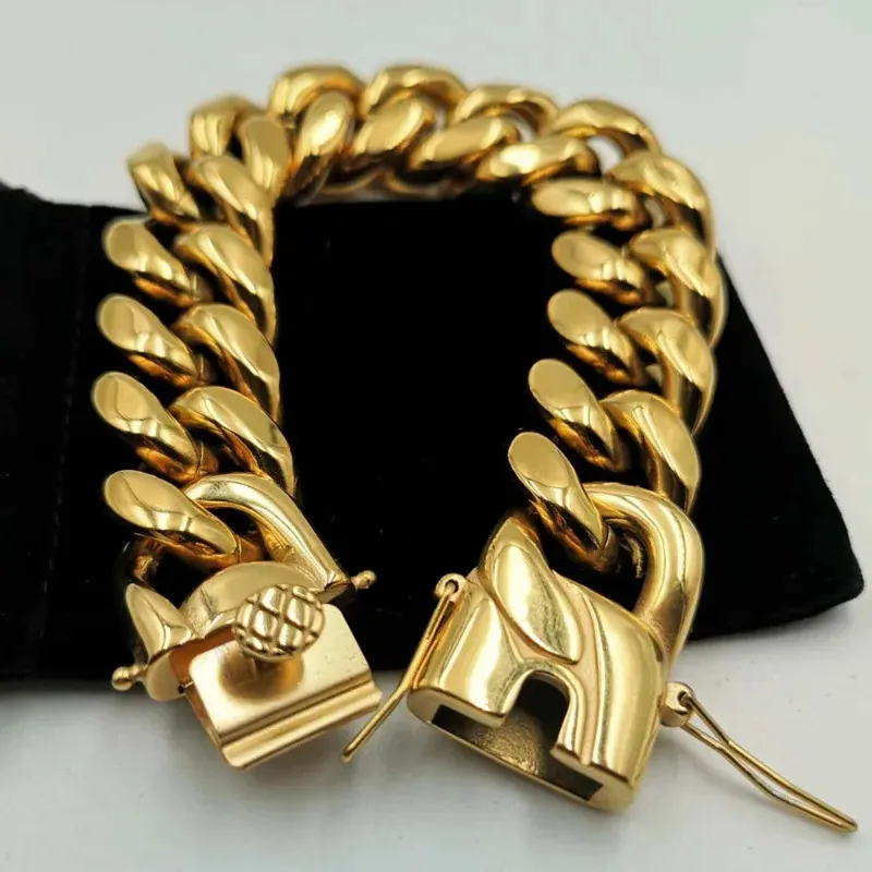 Luxury Miami Curb Chain Cuban Women Bracelets Dragon Casting Clasp Blangle Bangle Hip Hop Trendy 18K Gold Gold Men Gioielli 240507