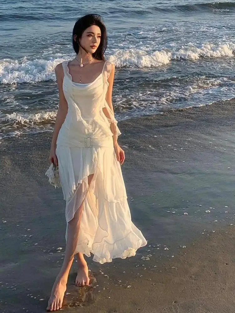 Save Big on Bulk Long Dress With Ruffles Elegant Beige Dress: Long Ruffle  Asymmetrical Slip Dress For Summer Beach Parties And Vacation Best Deals 