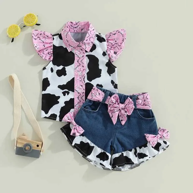 衣料品セット西幼児の女の子のデニムの衣装フリルのノースリーブの牛のプリントシャツボタンダウントップスベルトワイドレッグジーンズショーツH240508