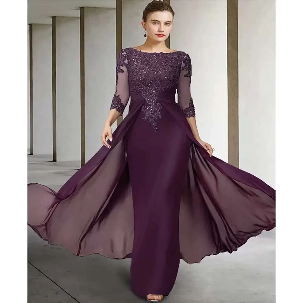2023 Vintage Purple Mother of Bride Robe Bijoux Sequins Appliques Généralités Généralités de mariage Robes 0509