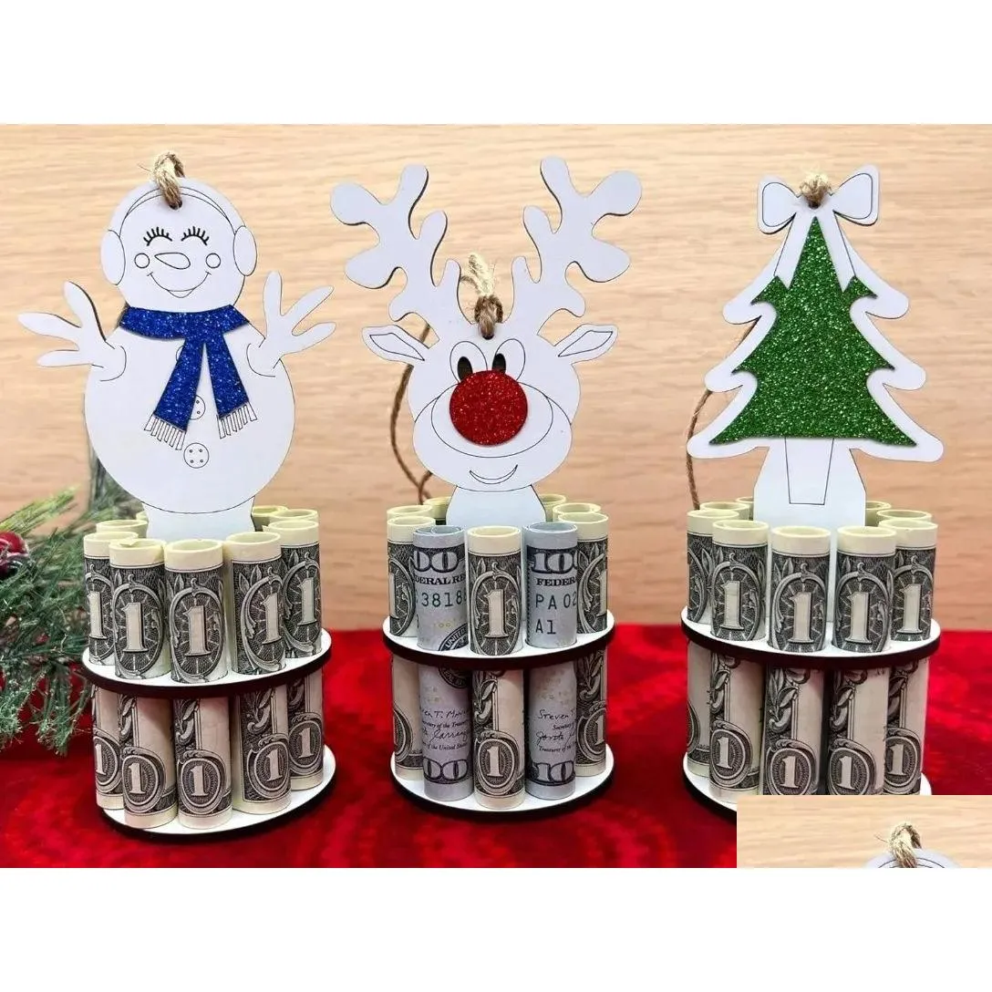 Christmas Decorations Wooden Unique For Cash Money Gift Holder Ornaments Reindeer Snowman Tree Desktop Hanging Pendant Drop Delivery Dh7Sb