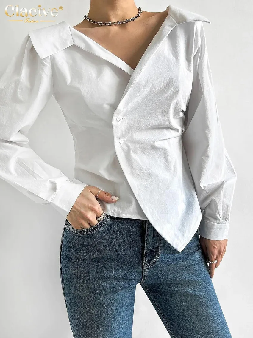 CLACIVE Fashion Slim White Cotton Womens Bluses 2024 Sexig Lapel Long Sleeve Shirts Elegant Classic Solid Top Female Clothing 240507