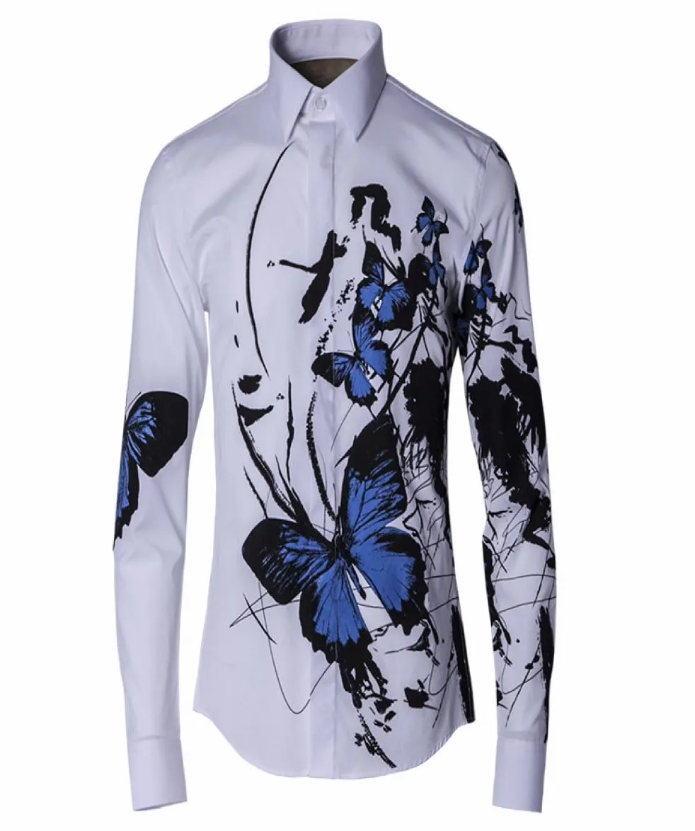 Fashion Chinese Men Men Casual Shirt Wash Paint-Butfly imprimé Camisa masculino plus taille 3xl 2 couleurs Men Dress Shirt4575034