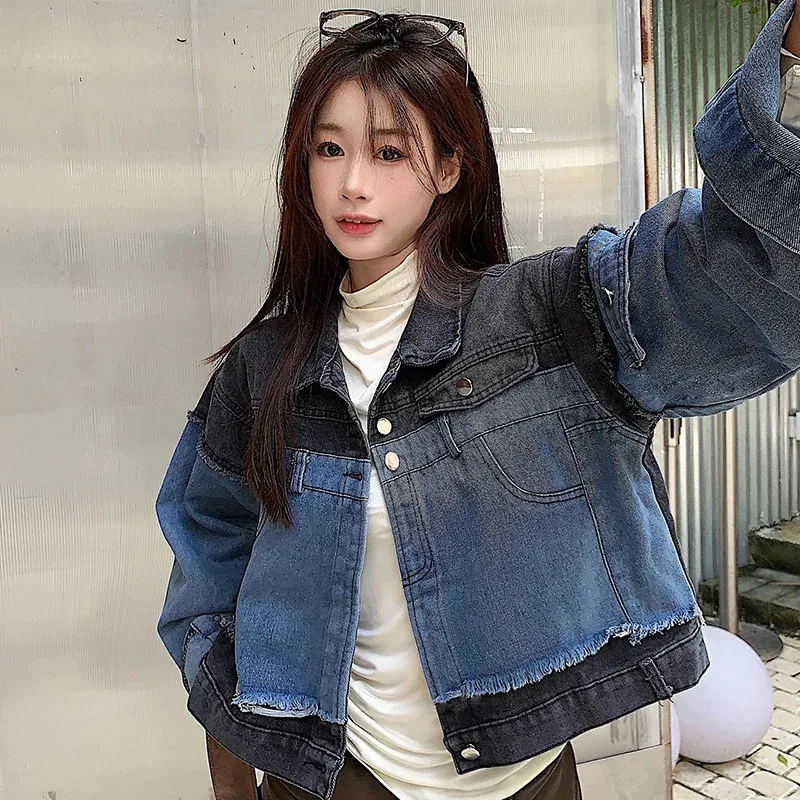 Jaqueta feminina da primavera e outono Vintage Style porto curto jeans jeans de jeans coreana streetwear casual y2k 240423