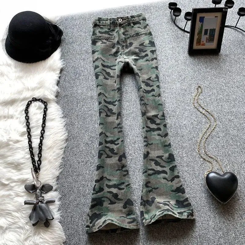 Jeans pour femmes camouflage vert américain vintage cargo flare pantalon denim femmes hautes taille slim fit