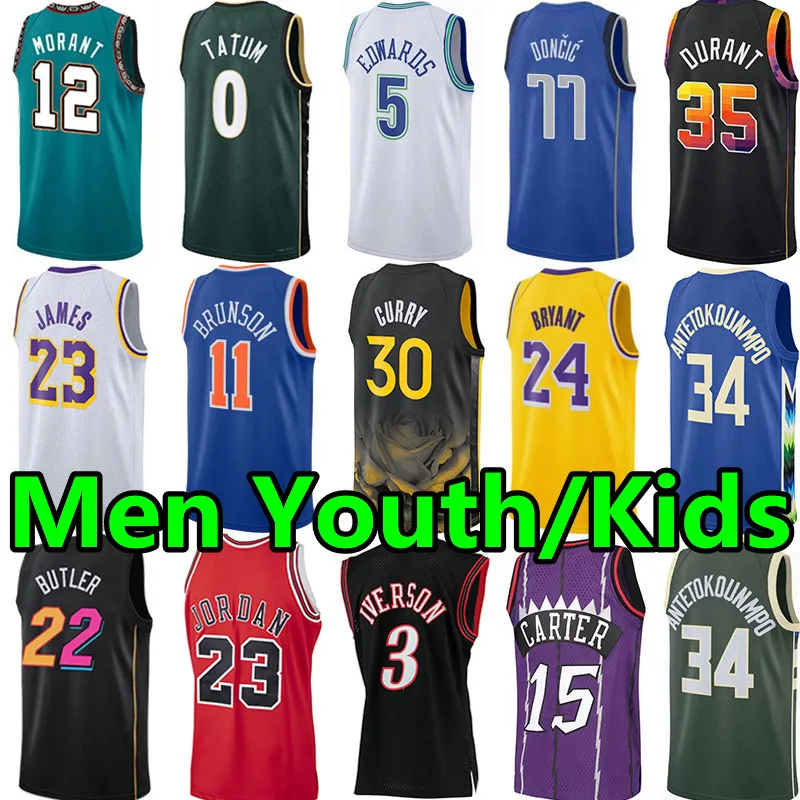 Maglie da basket per bambini giovani uomini Stephen Curry James Anthony Edwards Kevin Durant Devin Booker Jayson Tatum Ja Morant Giannis Bryant City Adulto Bambini Jersey