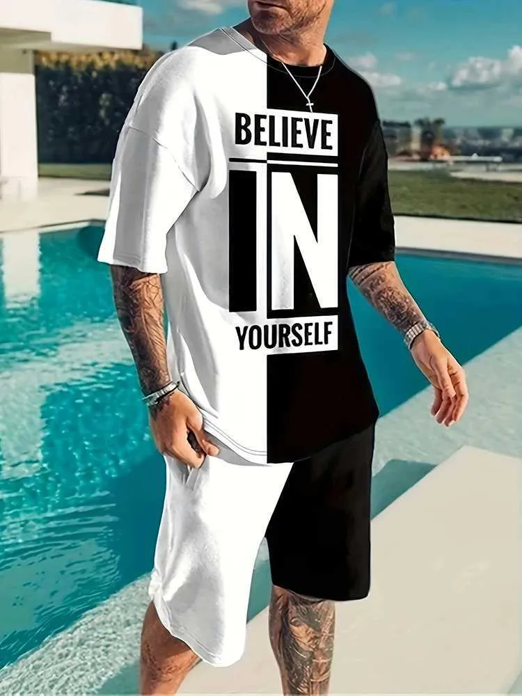 Męskie dresy letnie strt swobodny garnitur na świeżym powietrzu sportowe szorty do biegania basen plażowy luźne i wygodne koszulkę zabawne tekst druk Y240508