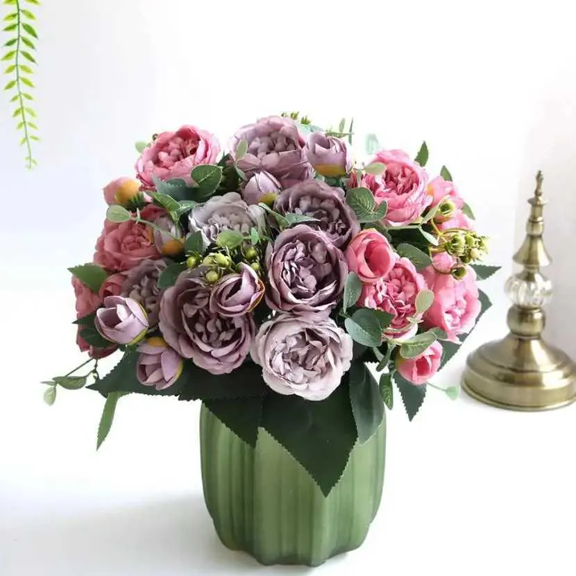 Decoratieve bloemen kransen 2 stks roze nep pioen pioenjongen Boeket oudejaarsavond kerstvazen ​​voor decoratie huis woonkamer zijden rozen kunstmatige bloemen