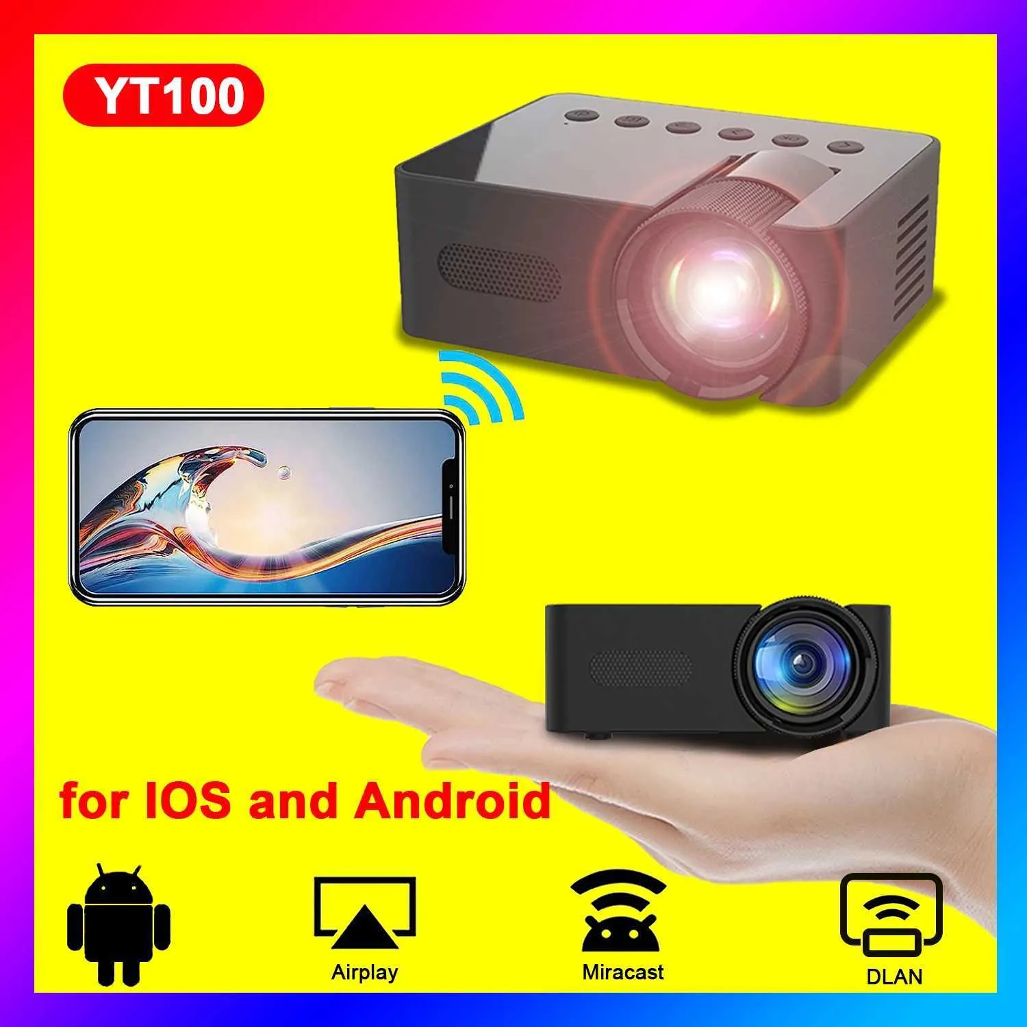 Projetores YT100 Projector Mini portátil Beam de alta qualidade Projeto de acampamento ao ar livre Smartphone Mirror sem fio suporta home theater J240509