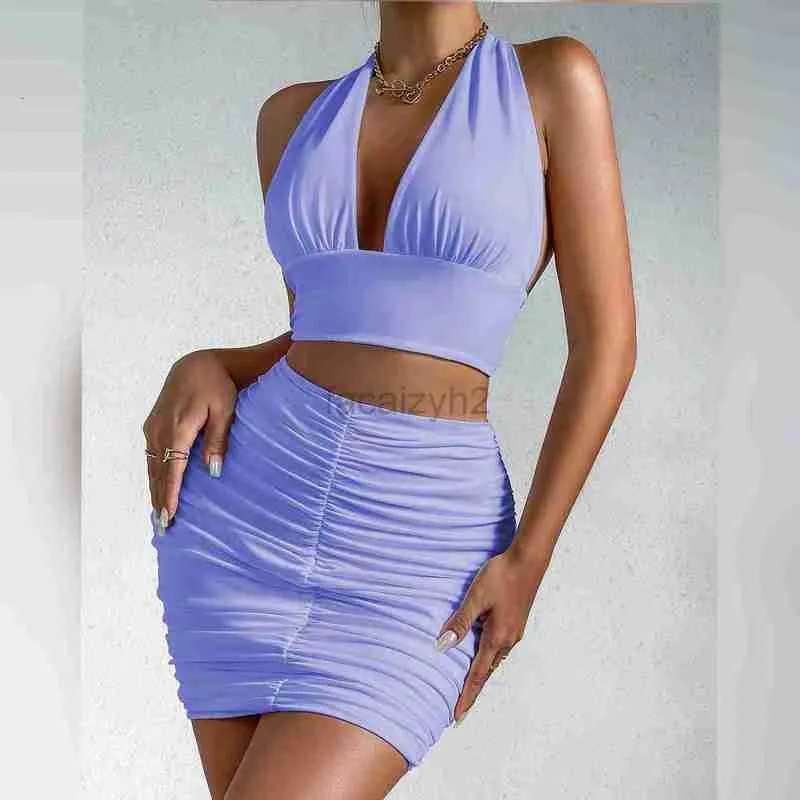 Frauen zweiteilige Kleiderdesigner-Rock Frauenhals Hänge Spitze zweiteils Set Sexy Open Navel Fold V-Ausschnitt Sling Kleid zweiteilige Sets