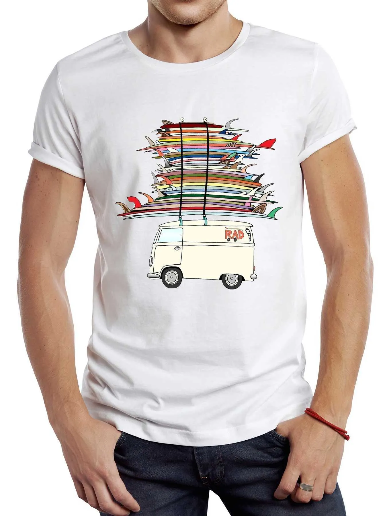 T-shirts voor heren THUB Vintage kleurrijke surfplanken op bus bedrukte mannen t-shirt grafisch strand surf sport doek retro go surfing tops hipster t y240509