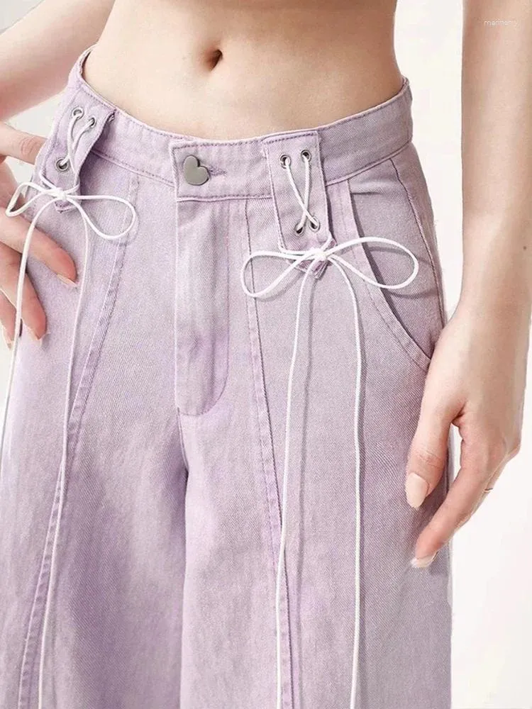 Dżinsy damskie lato proste podstawowe kobiety fioletowe mody street szeroko nogawkowe spodnie samiczne luźne luźne stałe kolor Kobieta