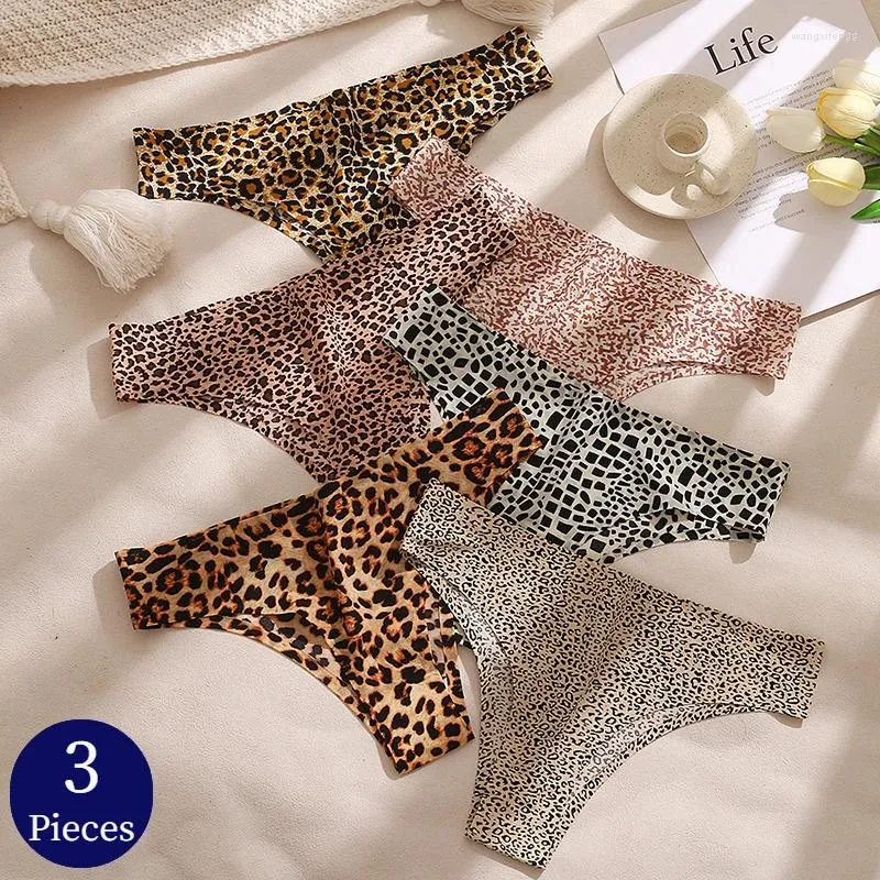 Women's Panties BZEL 3PCS/Set Fashion Leopard Bikini Sexy Thongs Seamless Underwear Silk Satin Lingerie Sports Fitness G-Strings