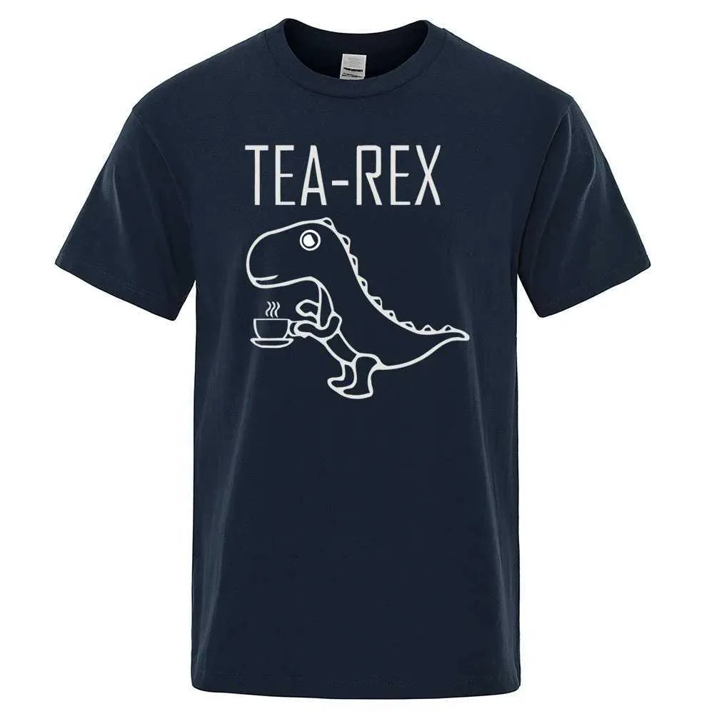 Herr t-shirts män kvinnor te rex rolig dinosaurie dryck coff t skjortor mode casual tshirt hög kvalitet strtwear toppar skjorta h240508