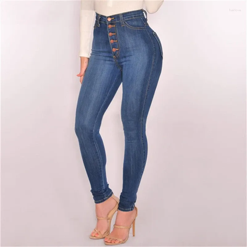 Frauen Jeans Frauen dehnen schlanke Taille Push Up Hüften Knöpfe elastische lässige Baumwollhose aus Baumwollblau